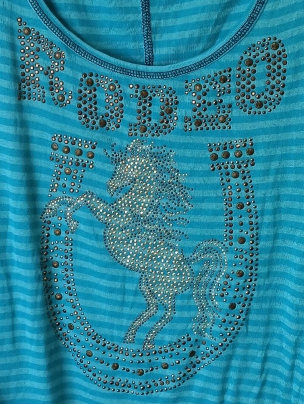 Energe Teal Striped Rodeo Rhinestone Top NWT - Picture 2 of 6